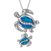 Sterling Silver Synthetic Blue Opal Mother Child Turtle Pendant Necklace
