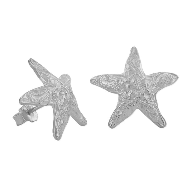 Sterling Silver 15mm Engraved Starfish Earrings
