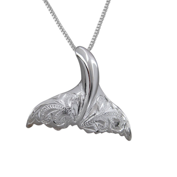 Sterling Silver Engraved Whale Tail Pendant Necklace, 16+2