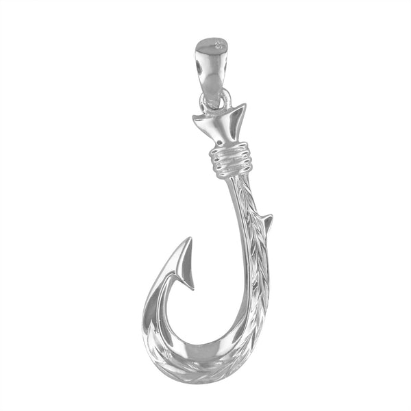 [Silver 925] Mana Hawaiian Fish Hook Pendant Large/Hand engraved Hawaiian  Old English design (P1243)