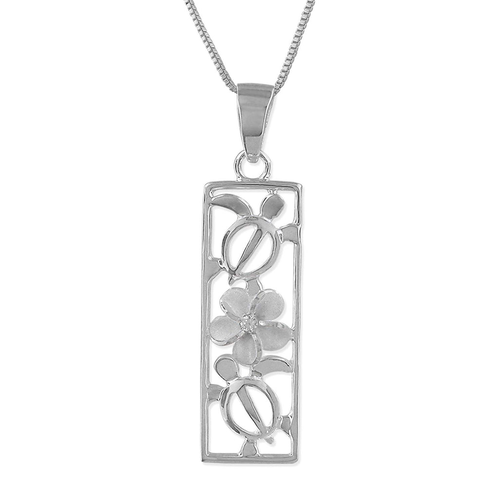 Sterling Silver Turtle and Plumeria Vertical Bar Pendant Necklace, 16+2