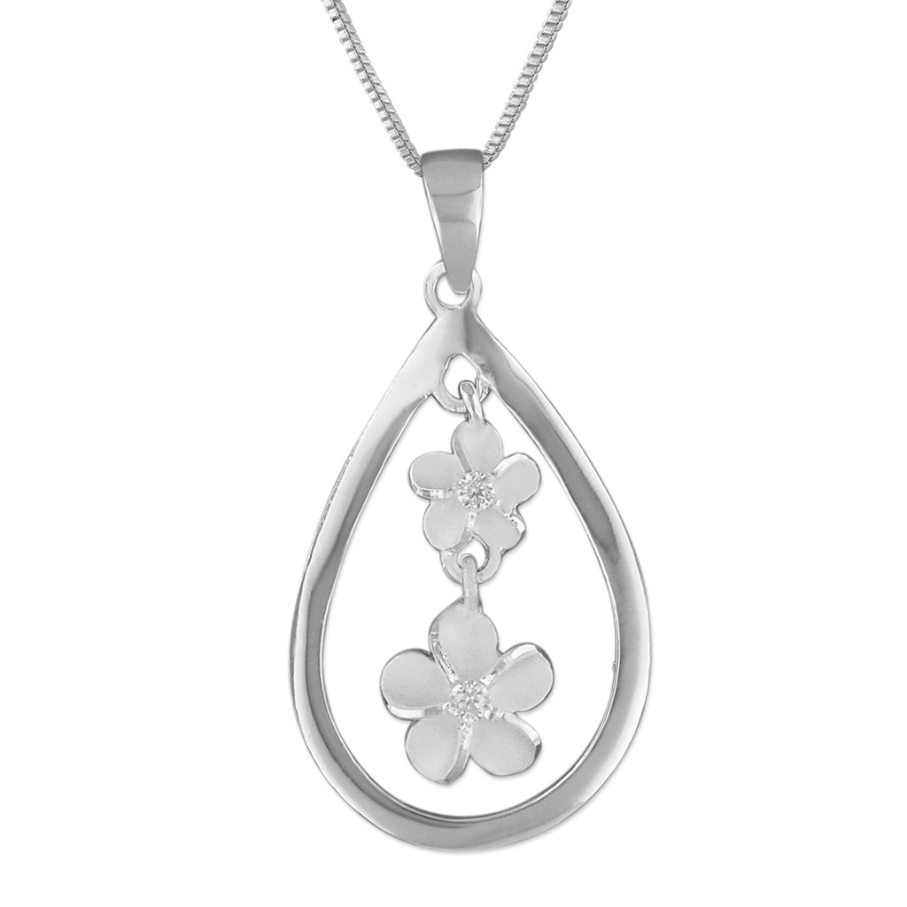 Sterling Silver Teardrop Plumeria Pendant Necklace, 16+2