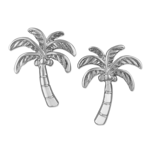 Rhodium Plated Sterling Silver Coconut Palm Tree Stud Earrings