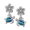 Sterling Silver Synthetic Blue Opal Plumeria Turtle Dangle Earrings