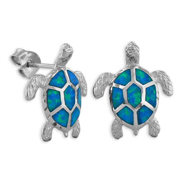 Sterling Silver Synthetic Blue Opal Turtle Stud Earrings