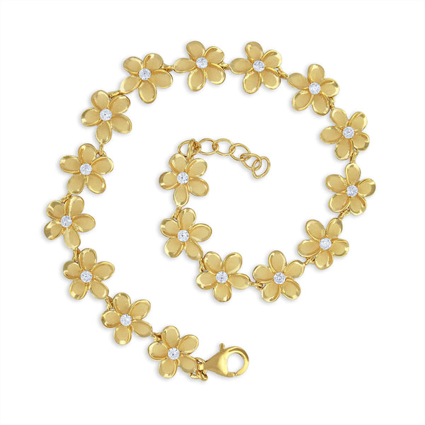 Yellow Gold Plated Sterling Silver Plumeria Link Bracelet, 7.5+0.5