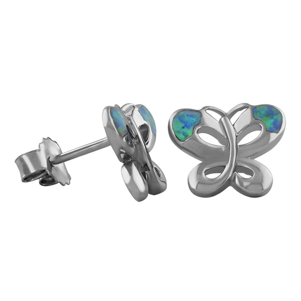 Sterling Silver Synthetic Blue Opal Butterfly Stud Earrings