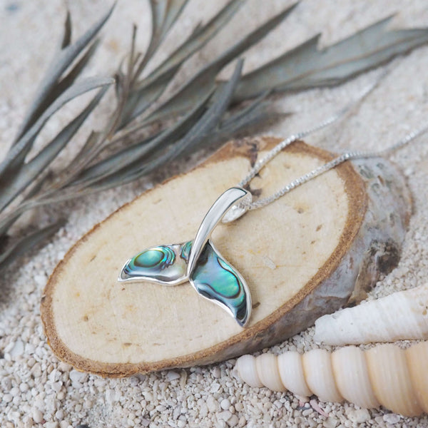 Sterling Silver Abalone Shell Whale Tail Pendant Necklace