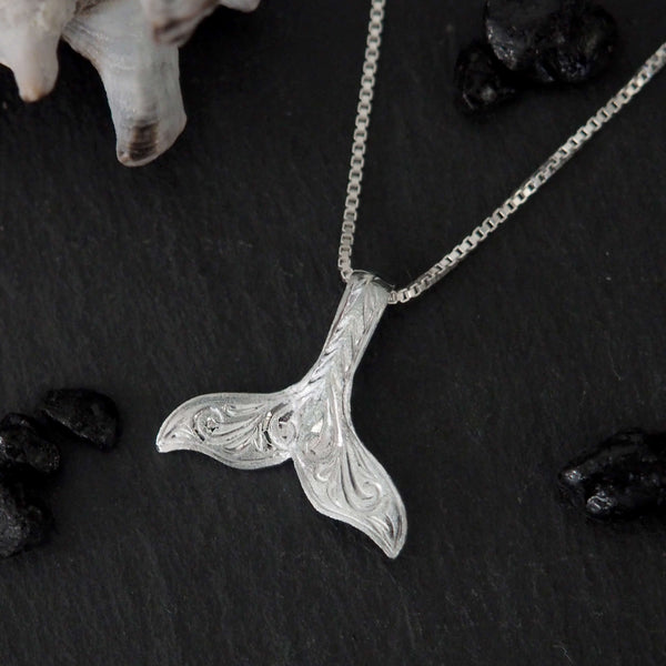 Sterling Silver Engraved Whale Tail Pendant Necklace, 16+2 Extender