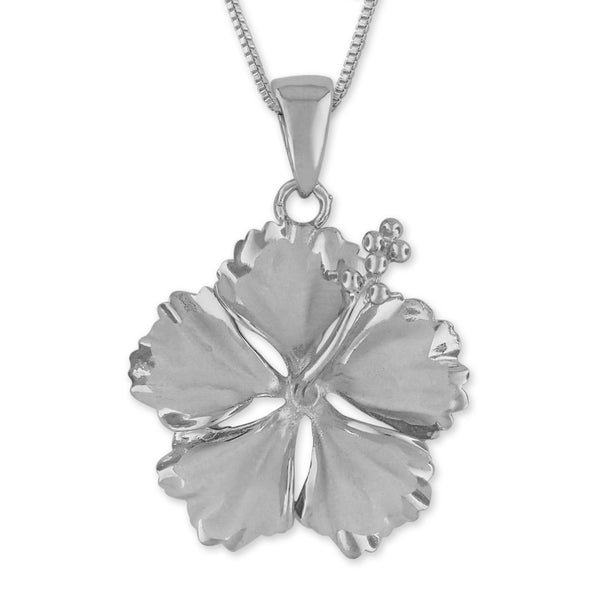 Sterling Silver 23mm Hibiscus Pendant Necklace, 16+2