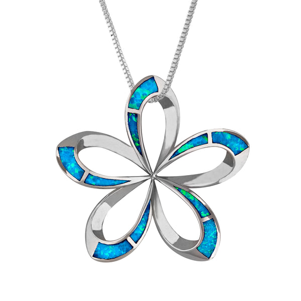 Sterling Silver Plumeria Pendant Necklace - Synthetic Blue Opal, 21mm Open Flower, 16-18 Inch Chain