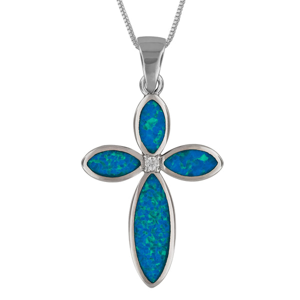 Sterling Silver Synthetic Blue Opal Cross Pendant Necklace, 16+2
