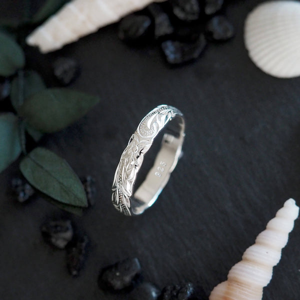 Hawaiian Ring - Hand Engraved Sterling Silver Barrel Ring (4mm - 10mm Hawaiian Ring - Hand Engraved Sterling Silver Barrel Ring (4mm - 10mm
