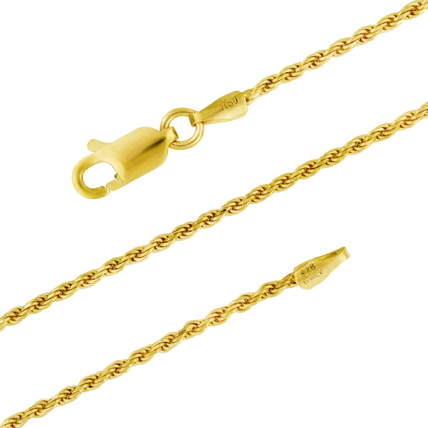 14kt Yellow Gold Plated Sterling Silver 1.3mm Diamond-Cut Rope Chain Necklace Nickel-Free, 14-36-inch