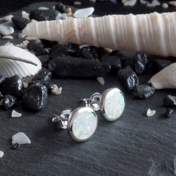 Sterling Silver Synthetic Opal Circle Stud Earrings 8mm – Hawaiian ...