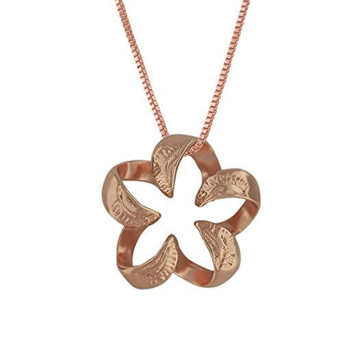14kt Rose Gold Plated Sterling Silver Engraved Small Open Plumeria Pendant Necklace, 16+2