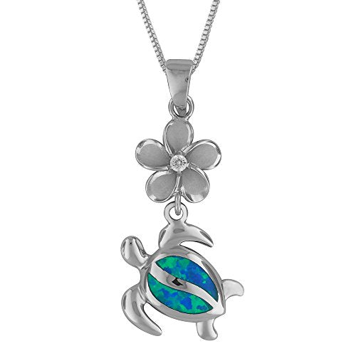 Sterling Silver Synthetic Blue Opal Plumeria Turtle Necklace, 16+2