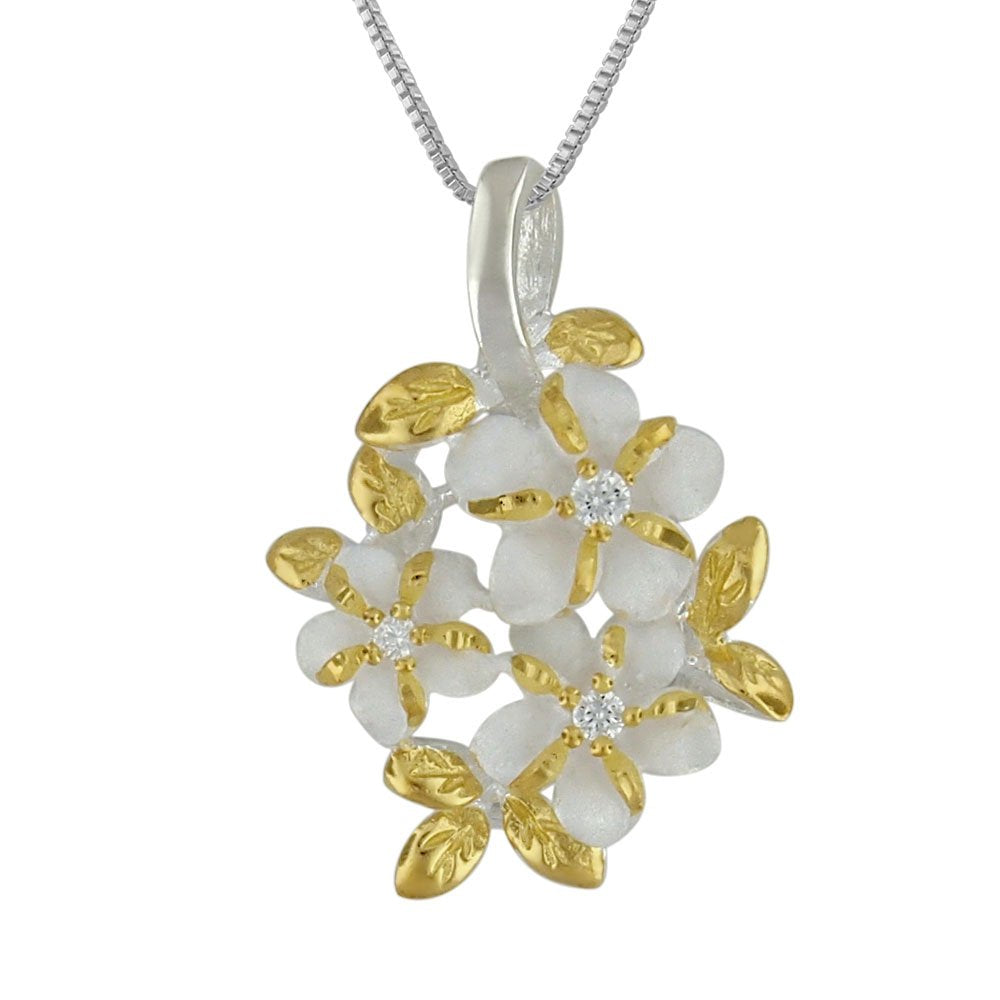 Sterling Silver with Yellow Gold Plated Accents 3 Plumeria Maile Round Pendant Necklace, 16+2