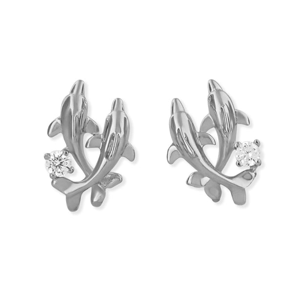 Rhodium Plated Sterling Silver Double Dolphin Stud Earrings