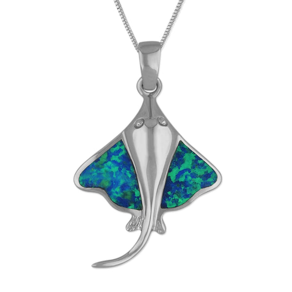 Sterling Silver Synthetic Blue Opal Stingray Pendant Necklace, 16+2