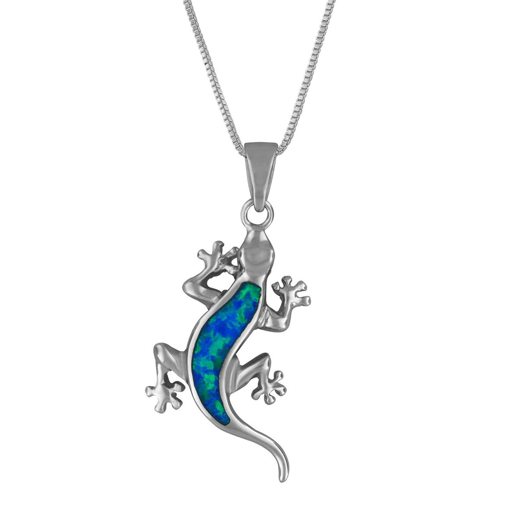 Sterling Silver Synthetic Blue Opal Lizard Pendant Necklace, 18