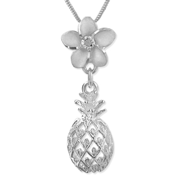 Sterling Silver Plumeria Dangling Pineapple Pendant Necklace, 16+2