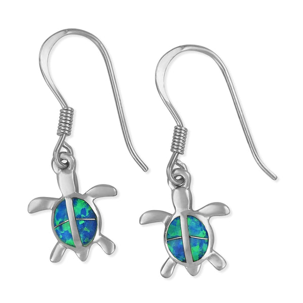 Sterling Silver Synthetic Blue Opal Turtle Dangle Earrings