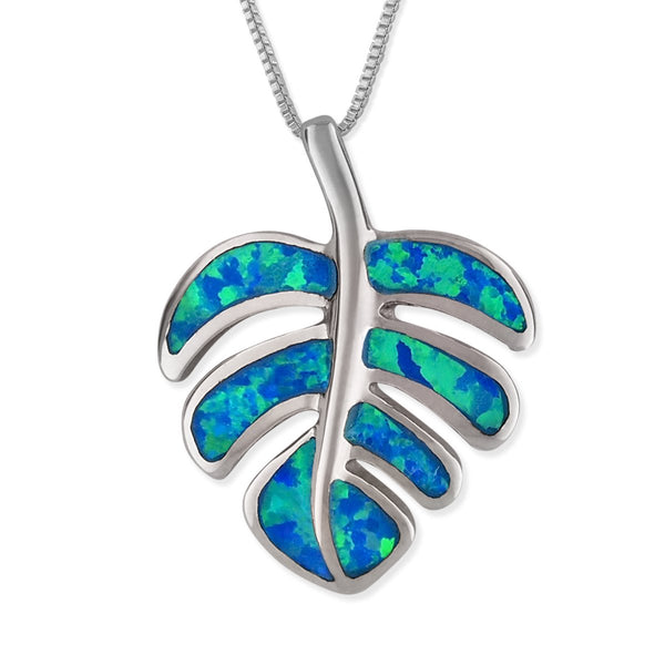 Sterling Silver Synthetic Blue Opal Monstera Pendant Necklace, 16+2