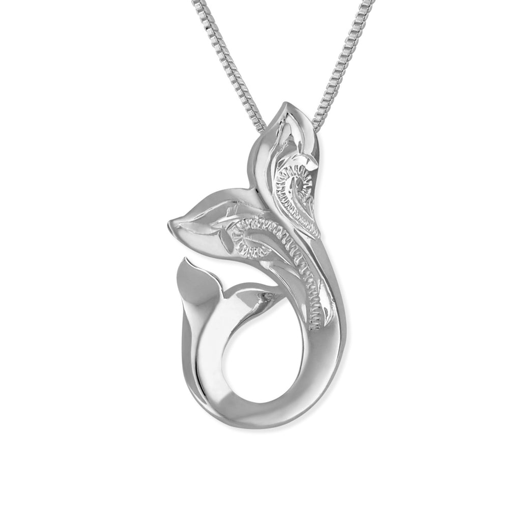 Sterling Silver Engraved Mother Child Whale Tail Pendant Necklace, 16+2