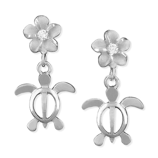 Sterling Silver Small Turtle and Plumeria Dangle Earrings