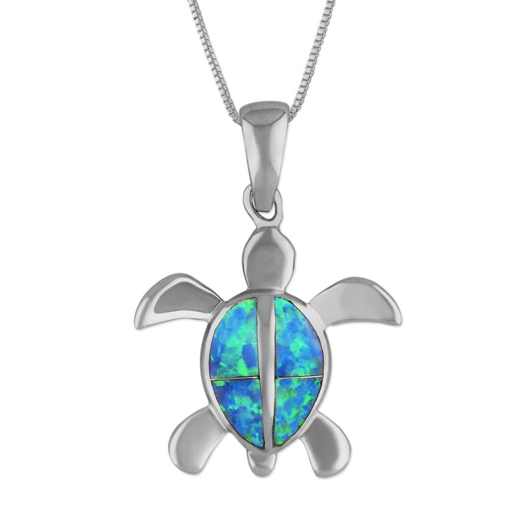 Sterling Silver Synthetic Blue Opal Turtle Pendant Necklace, 16+2