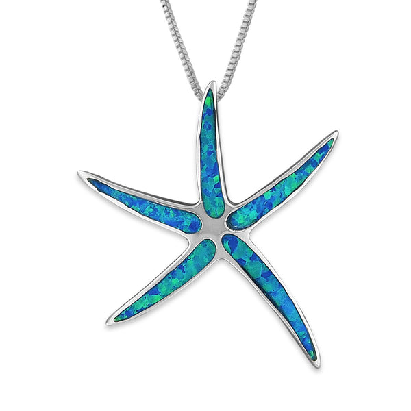 Sterling Silver Synthetic Blue Opal Starfish Pendant Necklace, 16+2