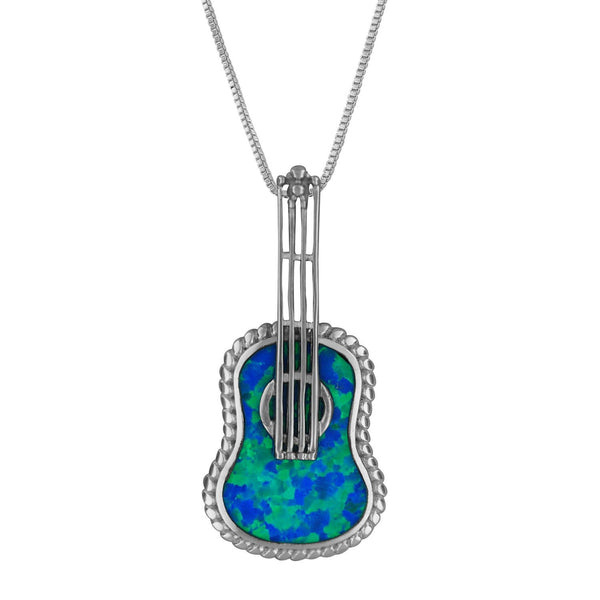 Sterling Silver Synthetic Blue Opal Ukulele Pendant Necklace, 16+2