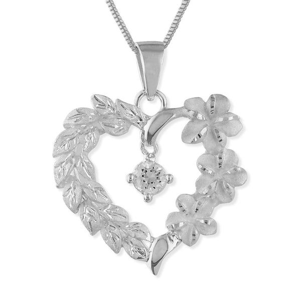 Sterling Silver Plumeria Maile Heart Pendant Necklace, 16+2
