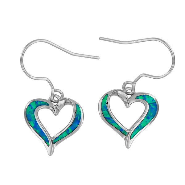 Sterling Silver Synthetic Blue Opal Open Heart Dangle Earrings