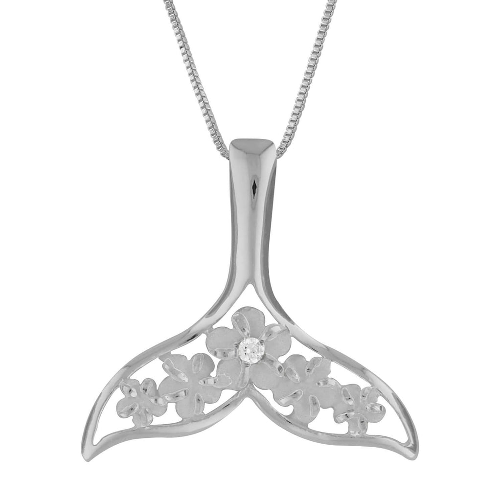 Sterling Silver Whale Tail Plumeria Pendant Necklace, 16+2