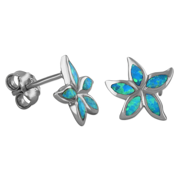 Sterling Silver Synthetic Blue Opal Plumeria Starfish Stud Earrings