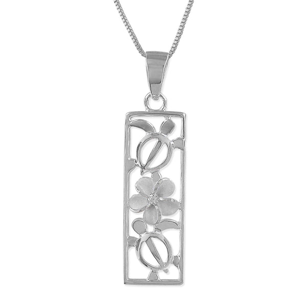 Sterling Silver Turtle and Plumeria Vertical Bar Pendant Necklace, 16+2