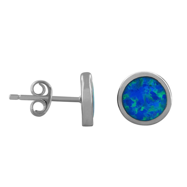 Sterling Silver Synthetic Opal Circle Stud Earrings 8mm