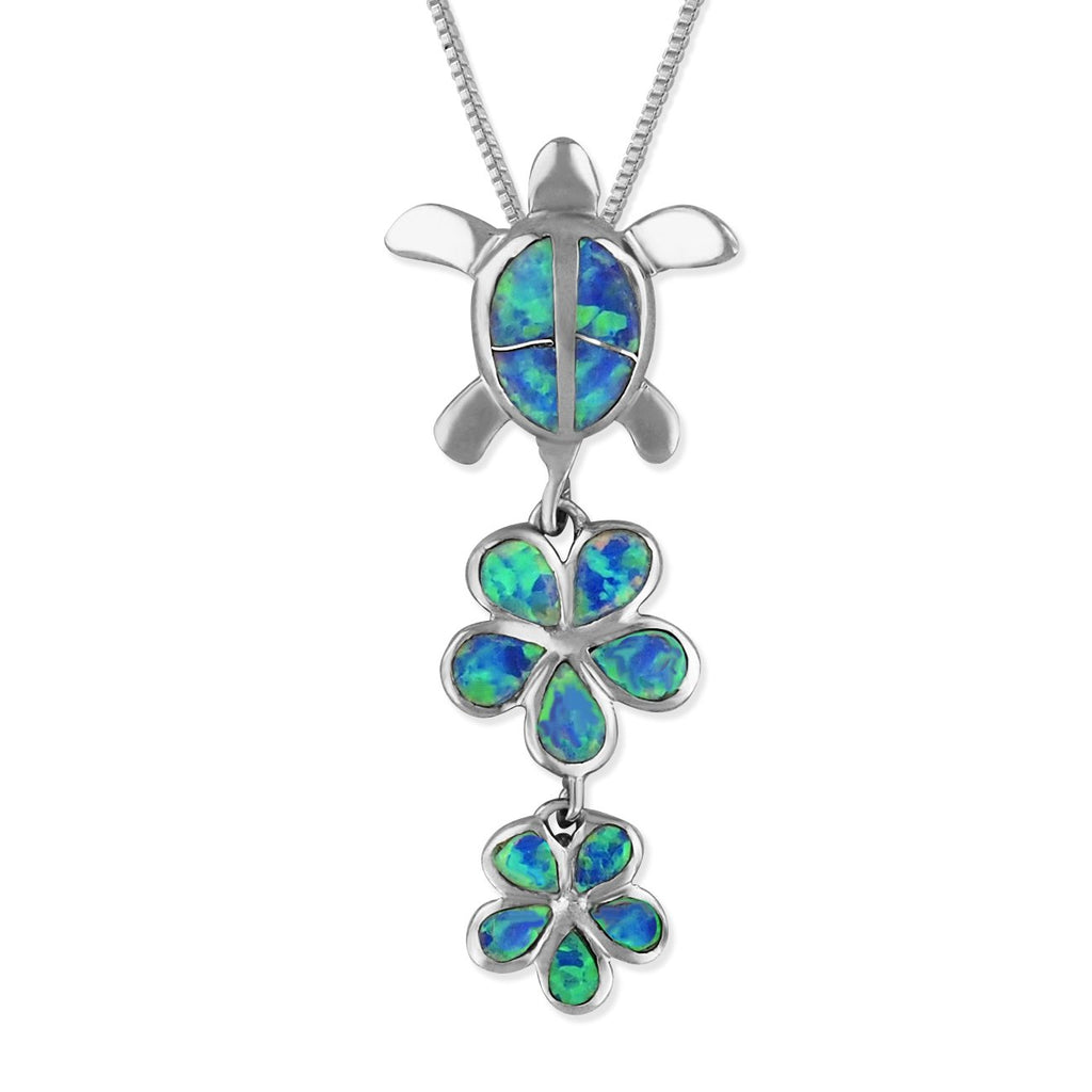Sterling Silver Synthetic Blue Opal Turtle and Plumeria Pendant Necklace, 16+2