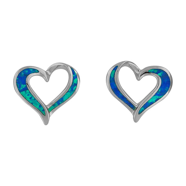 Sterling Silver Synthetic Blue Opal Open Heart Stud Earrings
