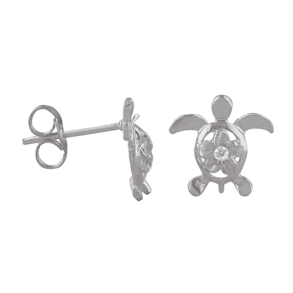 Sterling Silver Small Turtle and Plumeria Stud Earrings