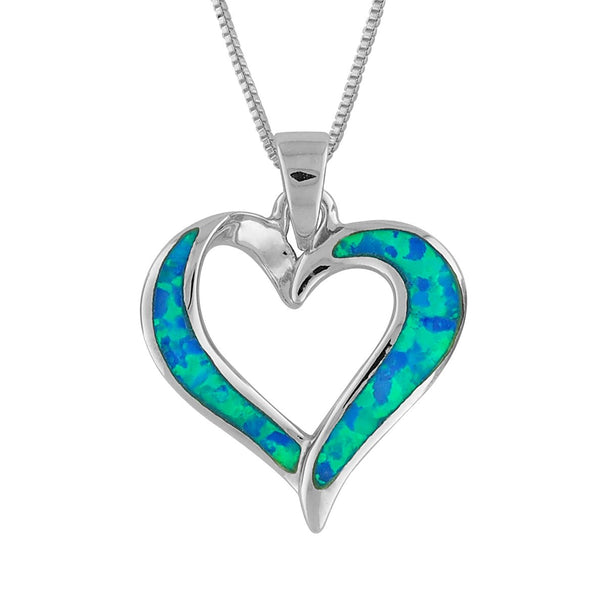 Sterling Silver Synthetic Blue Opal Open Heart Pendant Necklace, 18