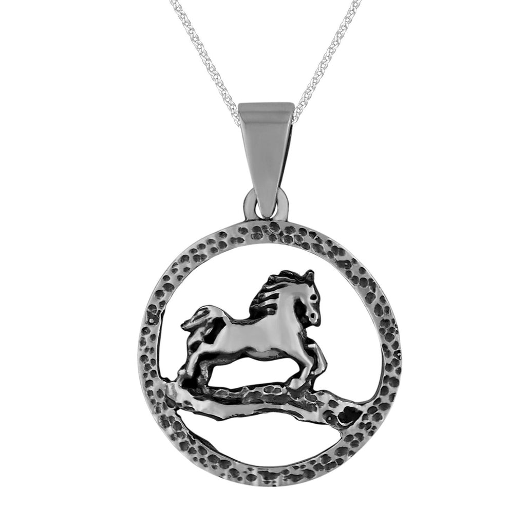 Sterling Silver Small Circle Horse Pendant Necklace, 18