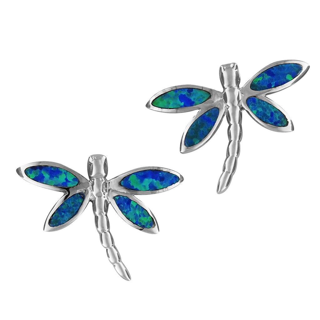 Sterling Silver Synthetic Blue Opal Dragonfly Stud Earrings