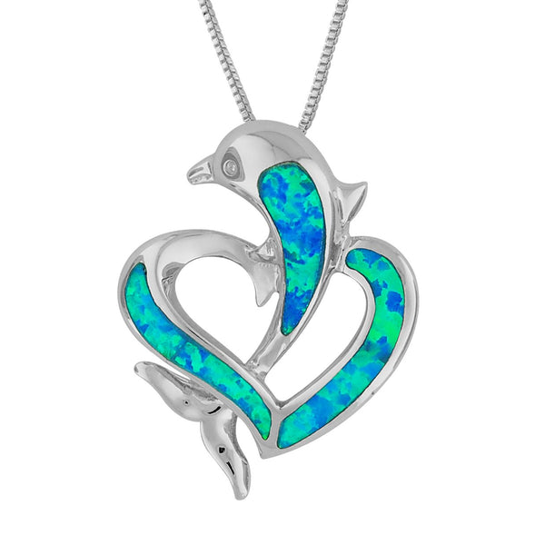 Sterling Silver Synthetic Blue Opal Open Heart Dolphin Pendant Necklace, 18