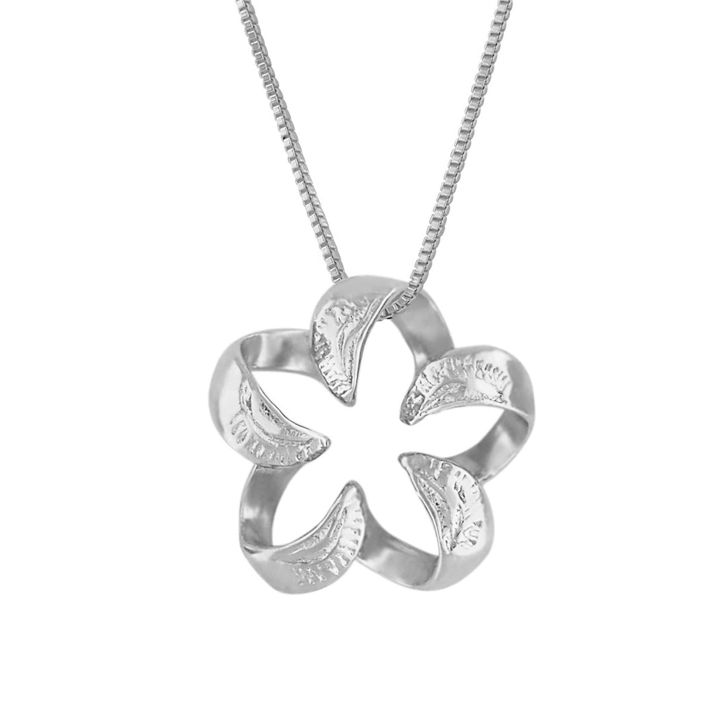 Sterling Silver Engraved Small Open Plumeria Pendant Necklace, 16+2