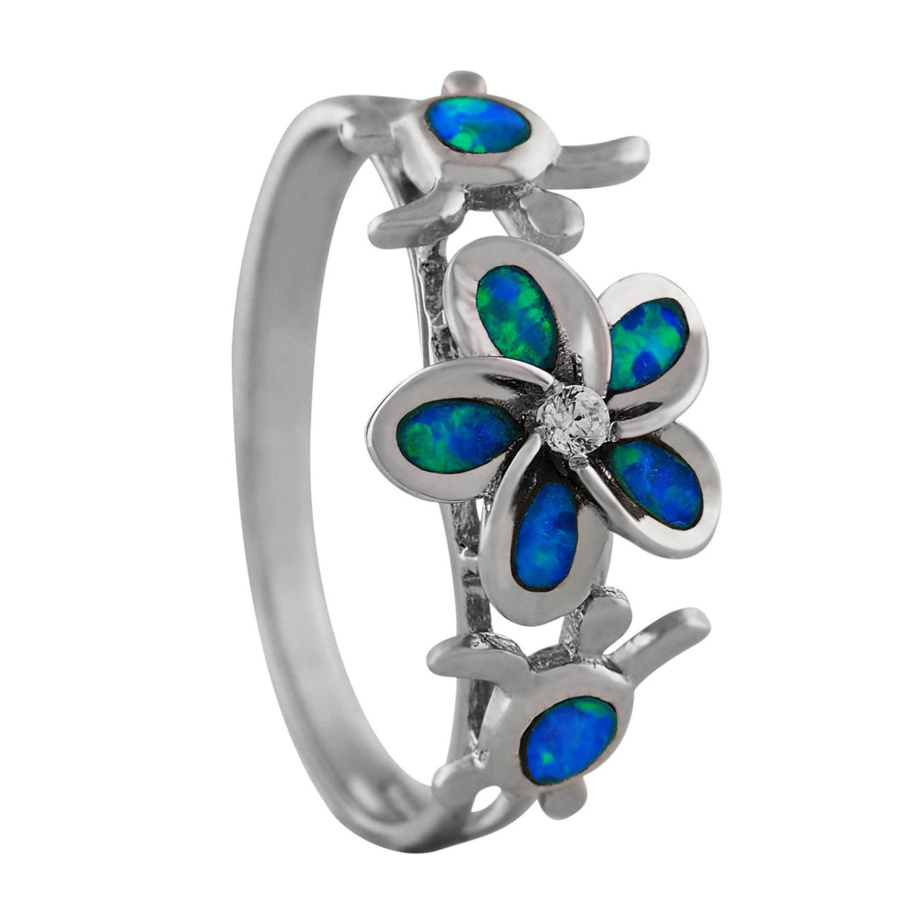 Sterling Silver Synthetic Opal Plumeria Turtle Ring