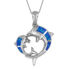 Sterling Silver Synthetic Blue Opal Mother Child Dolphin Pendant Necklace, 16+2