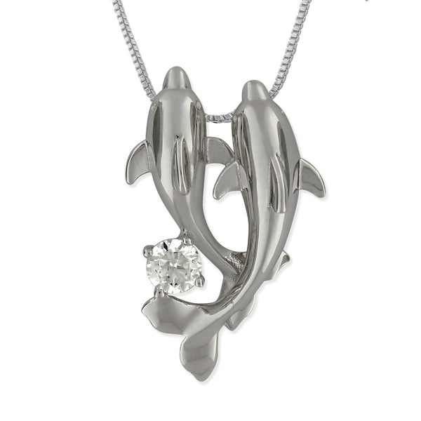 Sterling Silver Double Dolphin Pendant Necklace, 16+2